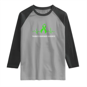 Traumatic Brain Injury Awareness Raglan Shirt TBI Warrior Heartbeat Green Ribbon TS02 Sport Gray Black Print Your Wear