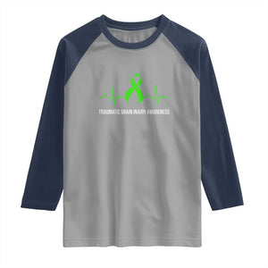 Traumatic Brain Injury Awareness Raglan Shirt TBI Warrior Heartbeat Green Ribbon TS02 Sport Gray Navy Print Your Wear