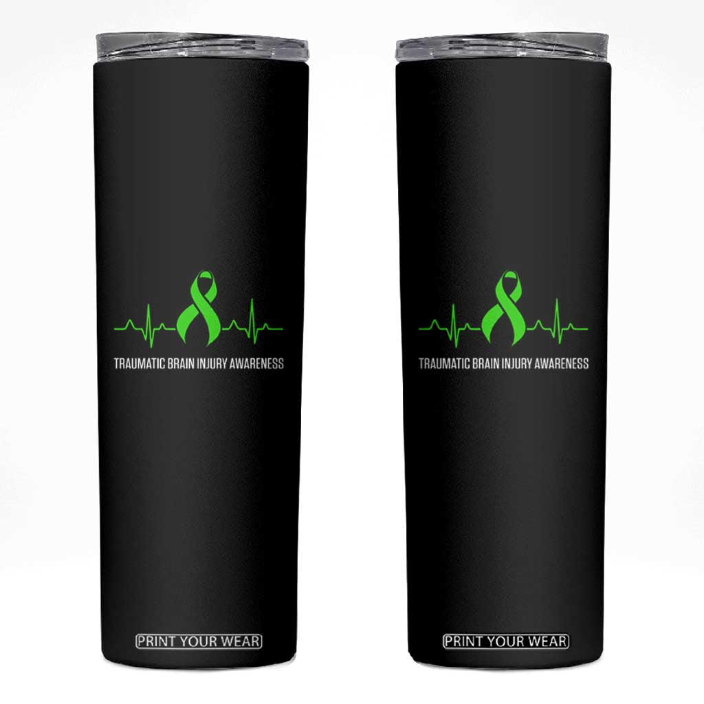 Traumatic Brain Injury Awareness Skinny Tumbler TBI Warrior Heartbeat Green Ribbon TS02 Black Print Your Wear