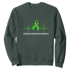 Traumatic Brain Injury Awareness Sweatshirt TBI Warrior Heartbeat Green Ribbon TS02 Dark Forest Green Print Your Wear