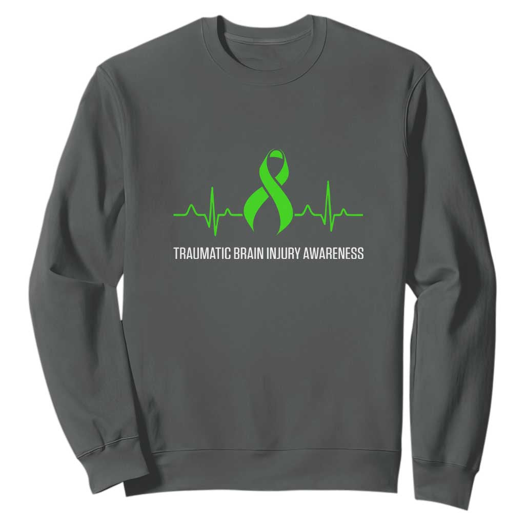 Traumatic Brain Injury Awareness Sweatshirt TBI Warrior Heartbeat Green Ribbon TS02 Dark Heather Print Your Wear