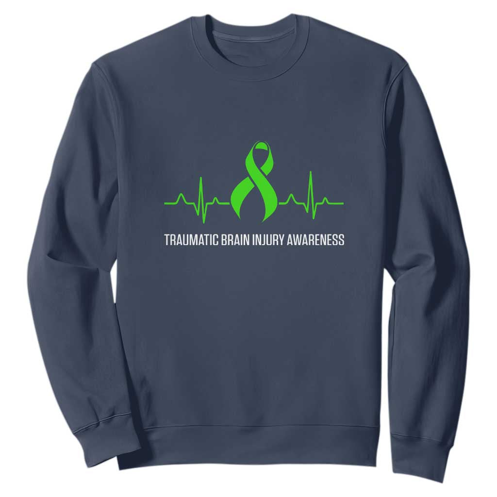 Traumatic Brain Injury Awareness Sweatshirt TBI Warrior Heartbeat Green Ribbon TS02 Navy Print Your Wear