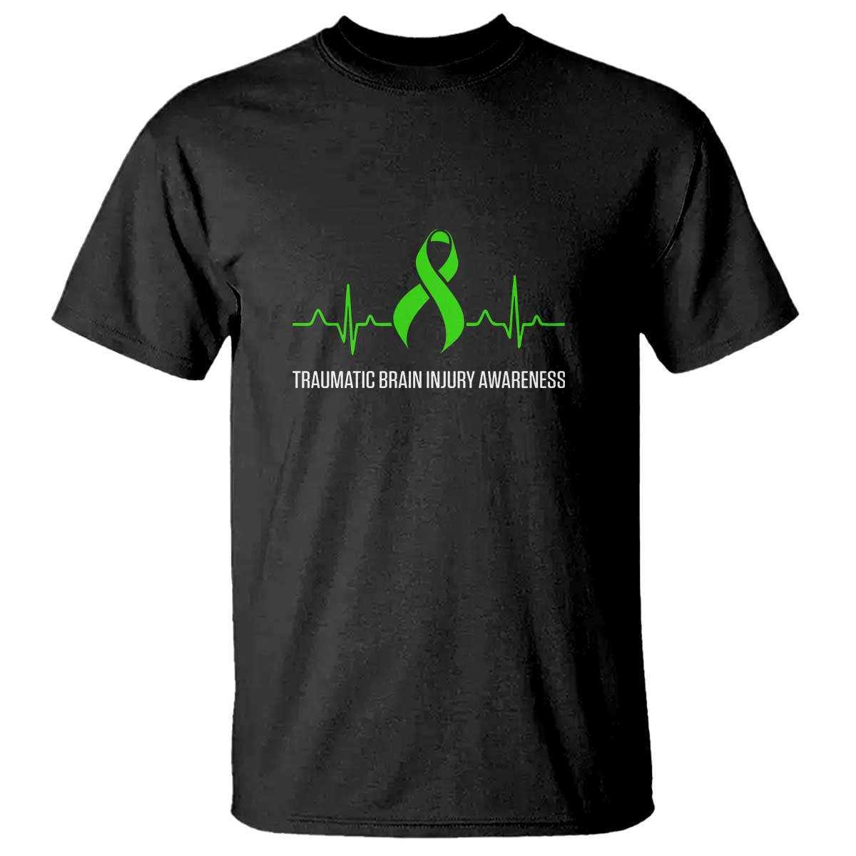 Traumatic Brain Injury Awareness T Shirt TBI Warrior Heartbeat Green Ribbon TS02 Black Print Your Wear