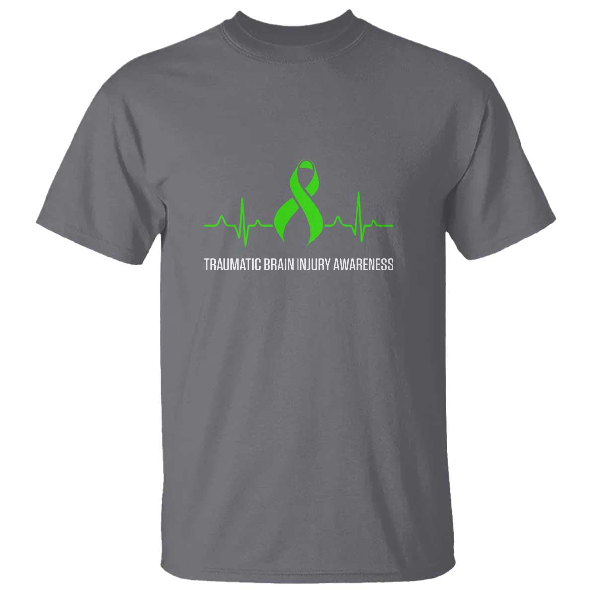 Traumatic Brain Injury Awareness T Shirt TBI Warrior Heartbeat Green Ribbon TS02 Charcoal Print Your Wear