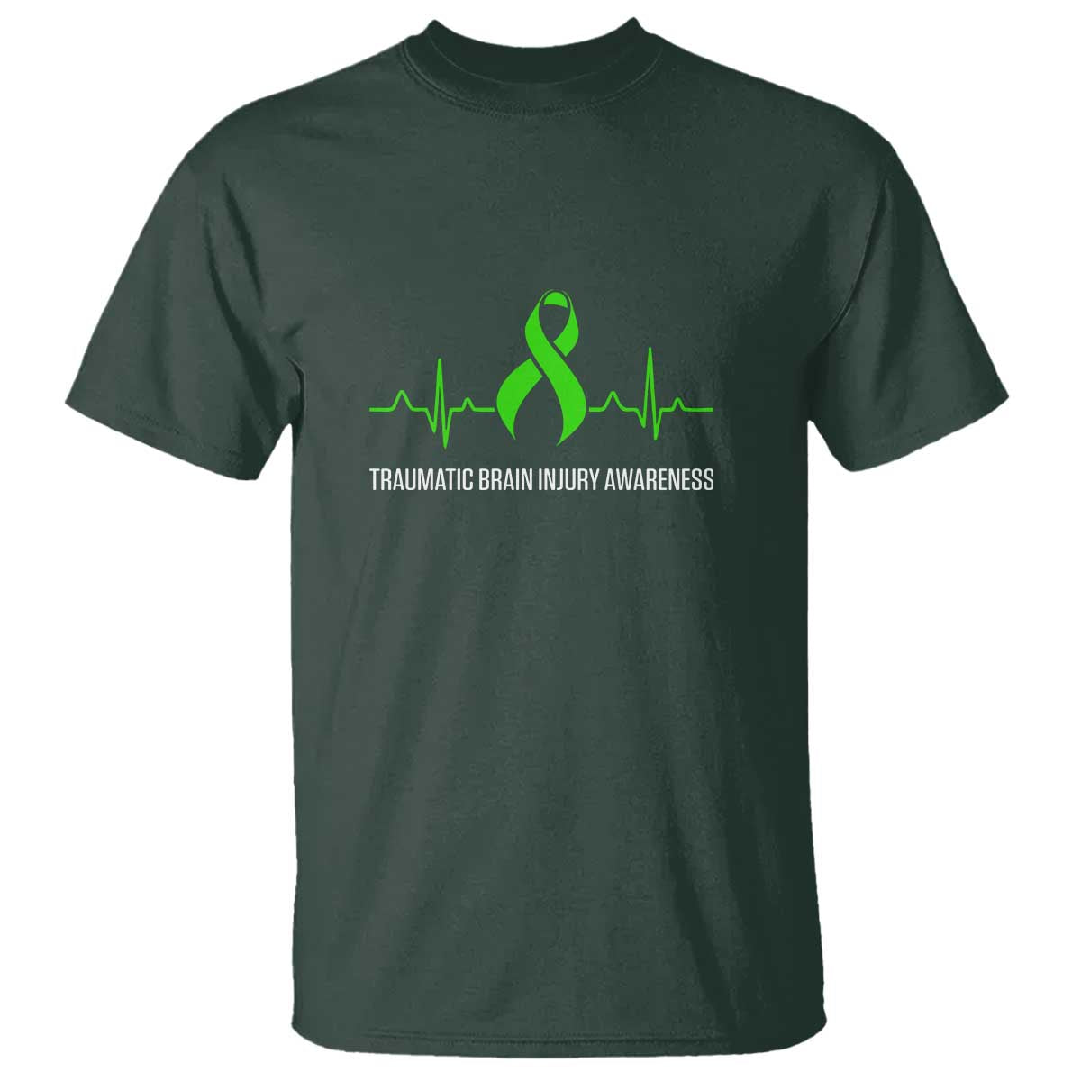 Traumatic Brain Injury Awareness T Shirt TBI Warrior Heartbeat Green Ribbon TS02 Dark Forest Green Print Your Wear