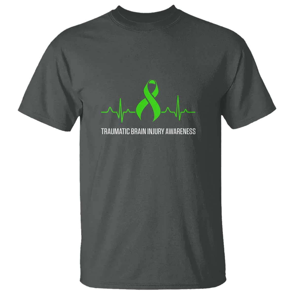 Traumatic Brain Injury Awareness T Shirt TBI Warrior Heartbeat Green Ribbon TS02 Dark Heather Print Your Wear