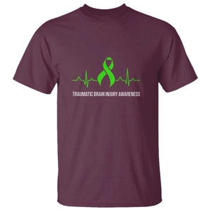 Traumatic Brain Injury Awareness T Shirt TBI Warrior Heartbeat Green Ribbon TS02 Maroon Print Your Wear