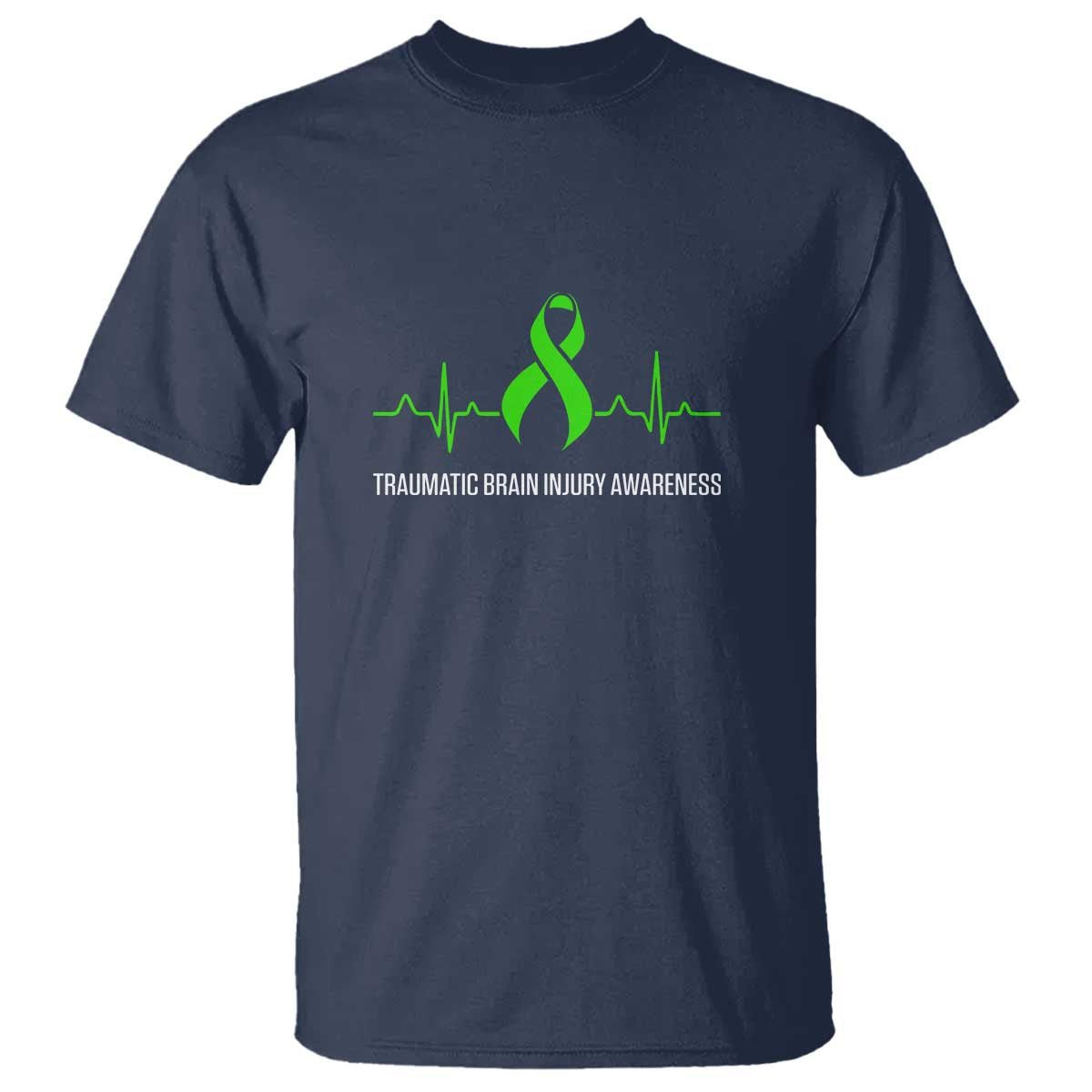 Traumatic Brain Injury Awareness T Shirt TBI Warrior Heartbeat Green Ribbon TS02 Navy Print Your Wear