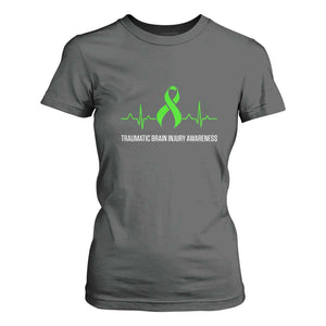 Traumatic Brain Injury Awareness T Shirt For Women TBI Warrior Heartbeat Green Ribbon TS02 Dark Heather Print Your Wear