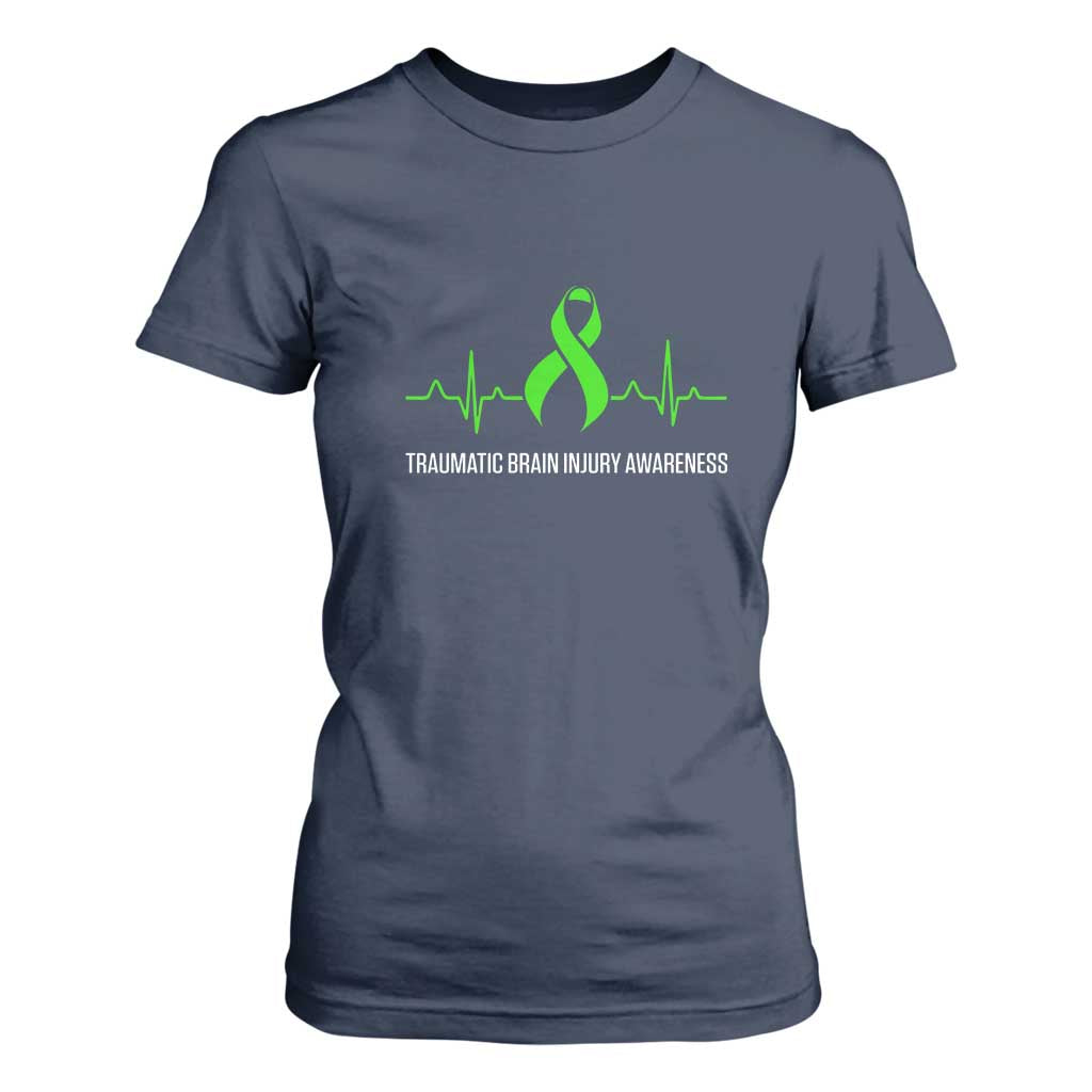 Traumatic Brain Injury Awareness T Shirt For Women TBI Warrior Heartbeat Green Ribbon TS02 Navy Print Your Wear