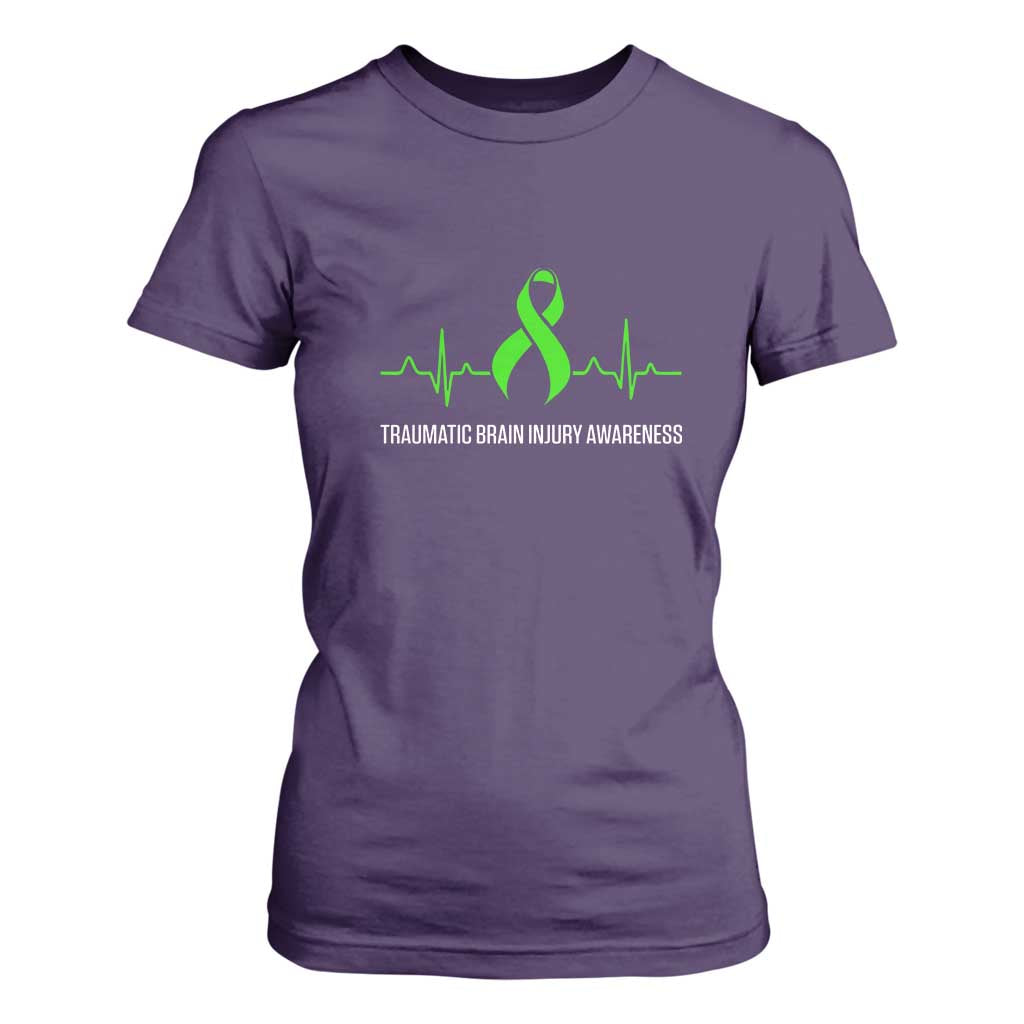 Traumatic Brain Injury Awareness T Shirt For Women TBI Warrior Heartbeat Green Ribbon TS02 Purple Print Your Wear