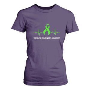Traumatic Brain Injury Awareness T Shirt For Women TBI Warrior Heartbeat Green Ribbon TS02 Purple Print Your Wear
