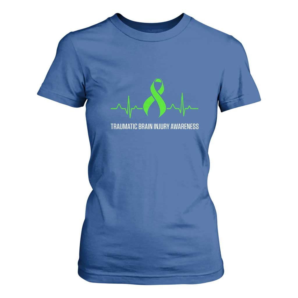 Traumatic Brain Injury Awareness T Shirt For Women TBI Warrior Heartbeat Green Ribbon TS02 Royal Blue Print Your Wear