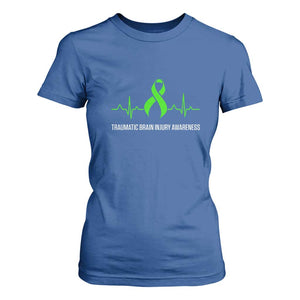 Traumatic Brain Injury Awareness T Shirt For Women TBI Warrior Heartbeat Green Ribbon TS02 Royal Blue Print Your Wear