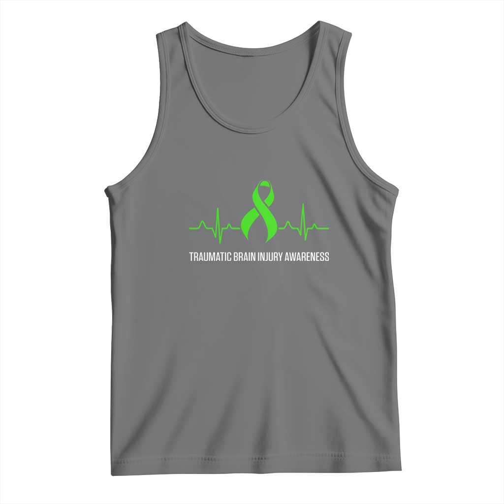 Traumatic Brain Injury Awareness Tank Top TBI Warrior Heartbeat Green Ribbon TS02 Black Heather Print Your Wear