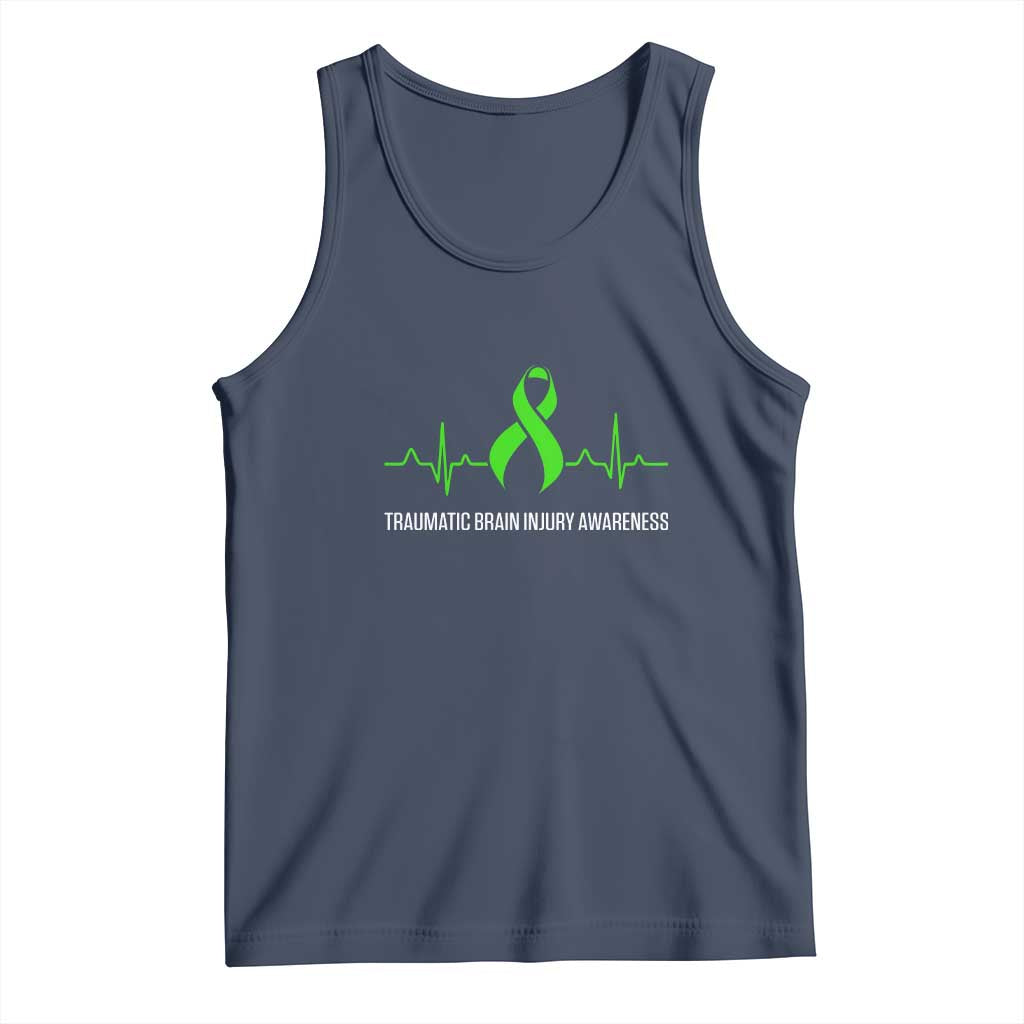 Traumatic Brain Injury Awareness Tank Top TBI Warrior Heartbeat Green Ribbon TS02 Navy Print Your Wear