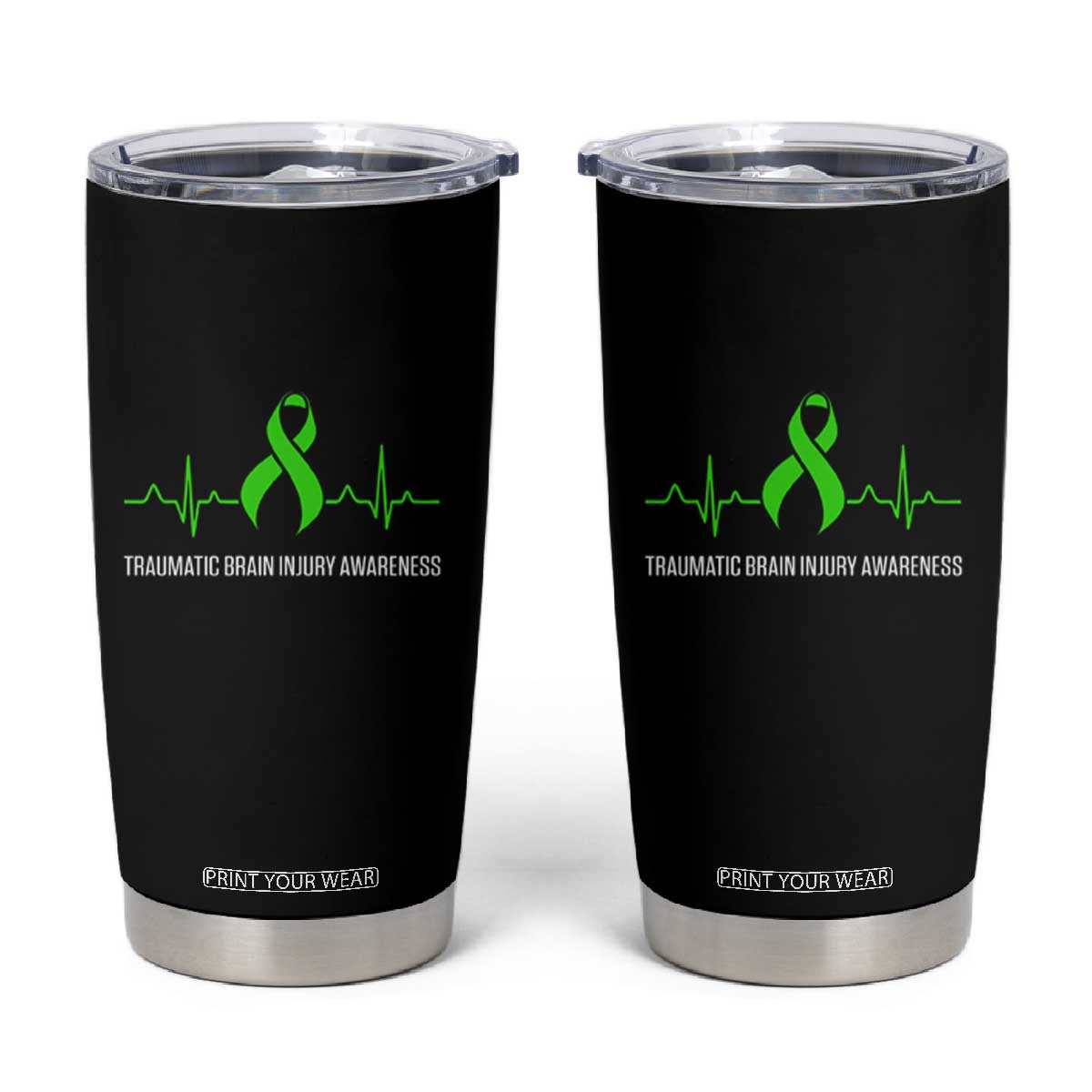 Traumatic Brain Injury Awareness Tumbler Cup TBI Warrior Heartbeat Green Ribbon TS02 Black Print Your Wear