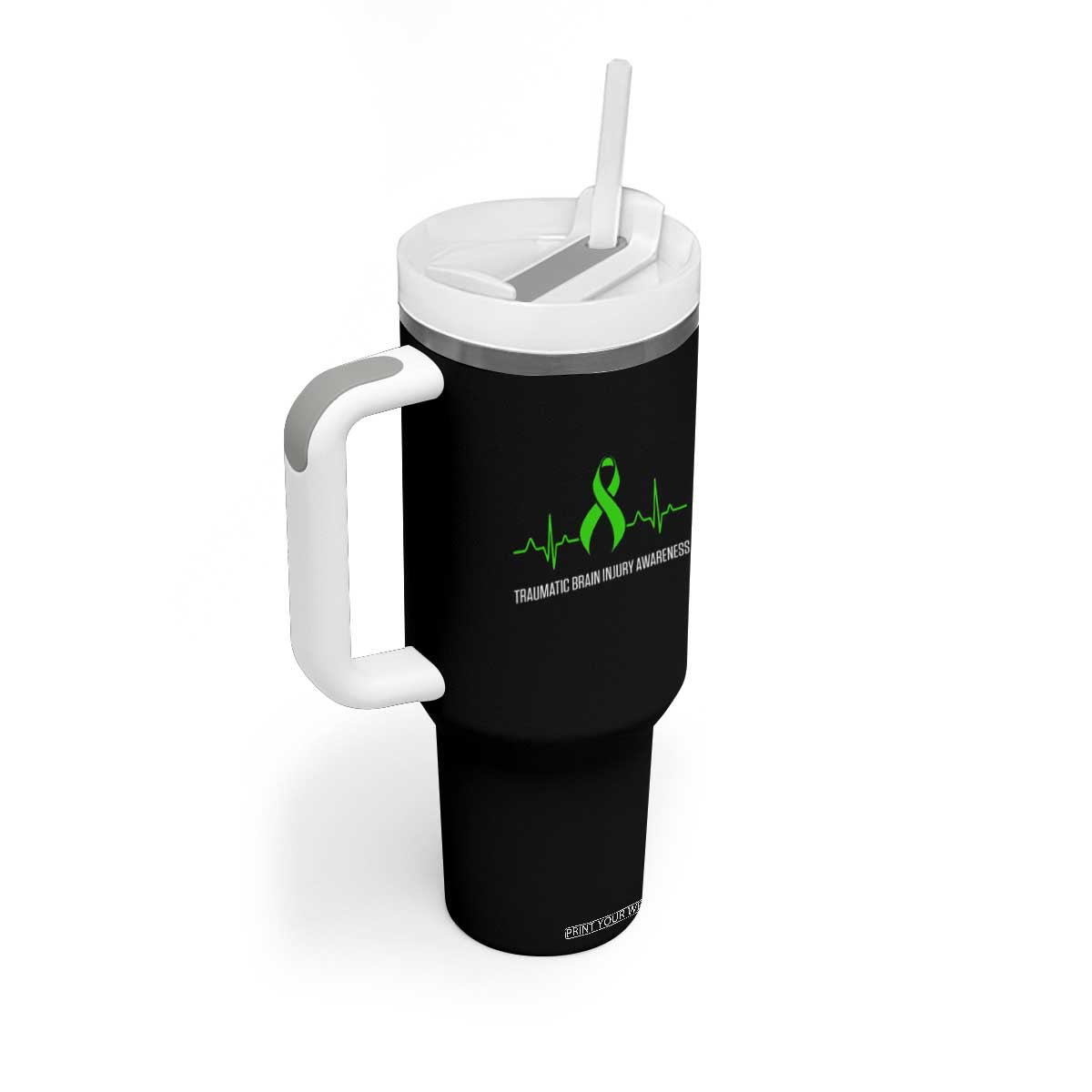 Traumatic Brain Injury Awareness Tumbler With Handle TBI Warrior Heartbeat Green Ribbon TS02 Print Your Wear