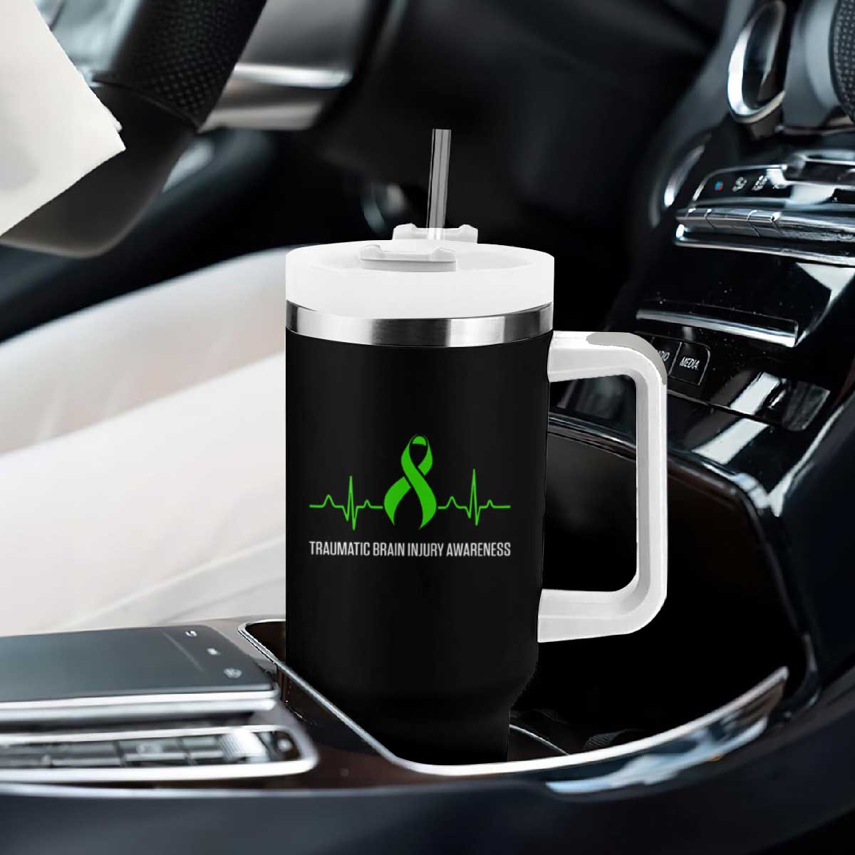 Traumatic Brain Injury Awareness Tumbler With Handle TBI Warrior Heartbeat Green Ribbon TS02 Print Your Wear
