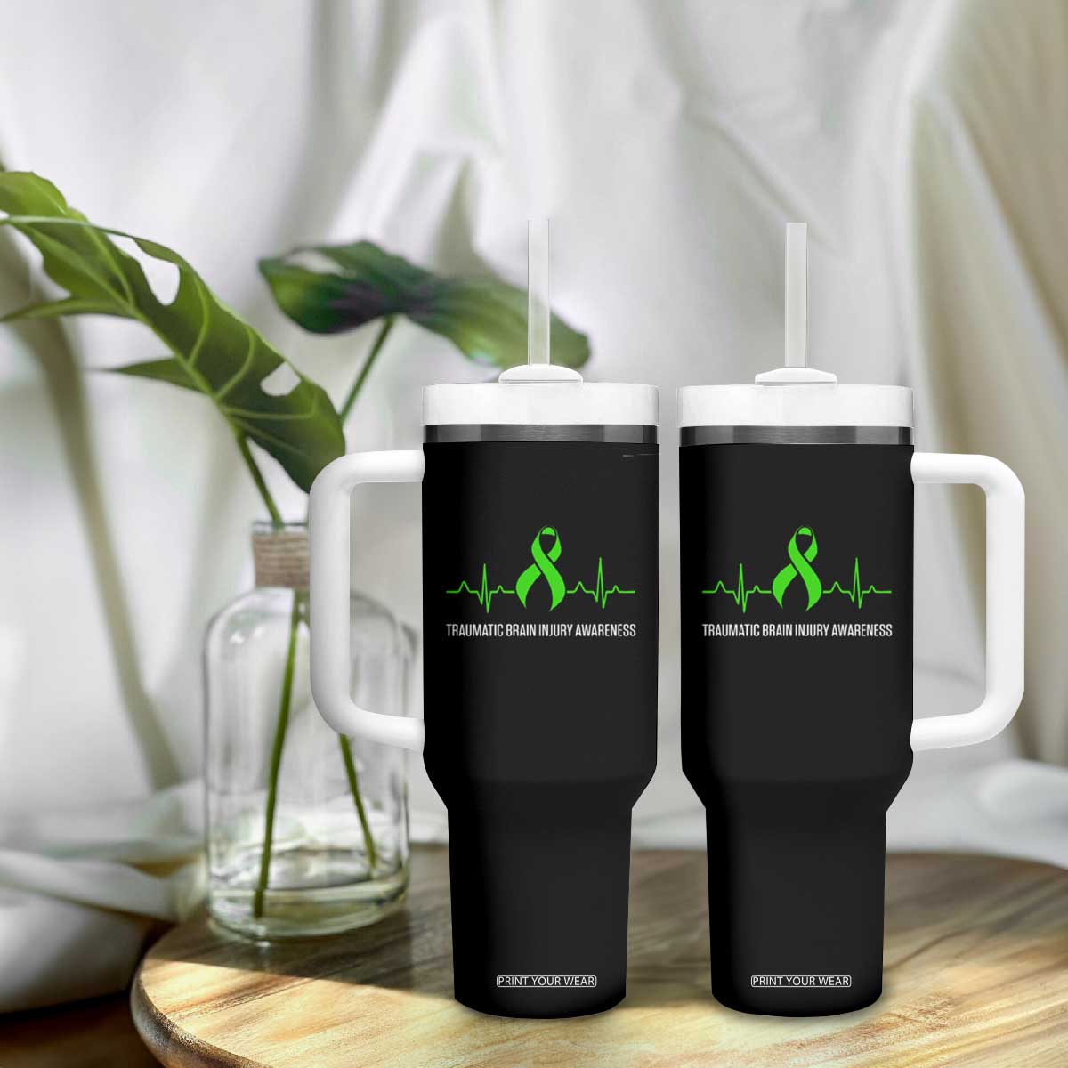 Traumatic Brain Injury Awareness Tumbler With Handle TBI Warrior Heartbeat Green Ribbon TS02 Print Your Wear