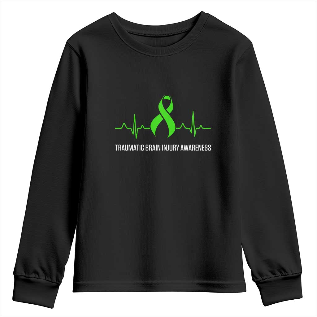 Traumatic Brain Injury Awareness Youth Sweatshirt TBI Warrior Heartbeat Green Ribbon TS02 Black Print Your Wear