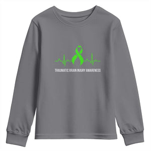 Traumatic Brain Injury Awareness Youth Sweatshirt TBI Warrior Heartbeat Green Ribbon TS02 Charcoal Print Your Wear