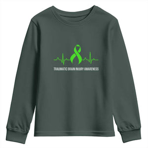 Traumatic Brain Injury Awareness Youth Sweatshirt TBI Warrior Heartbeat Green Ribbon TS02 Dark Forest Green Print Your Wear