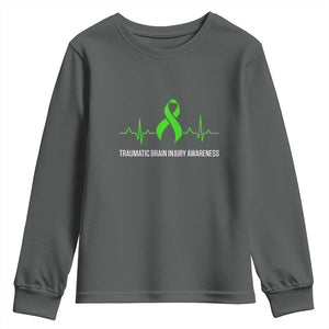 Traumatic Brain Injury Awareness Youth Sweatshirt TBI Warrior Heartbeat Green Ribbon TS02 Dark Heather Print Your Wear