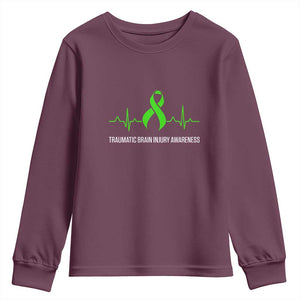 Traumatic Brain Injury Awareness Youth Sweatshirt TBI Warrior Heartbeat Green Ribbon TS02 Maroon Print Your Wear