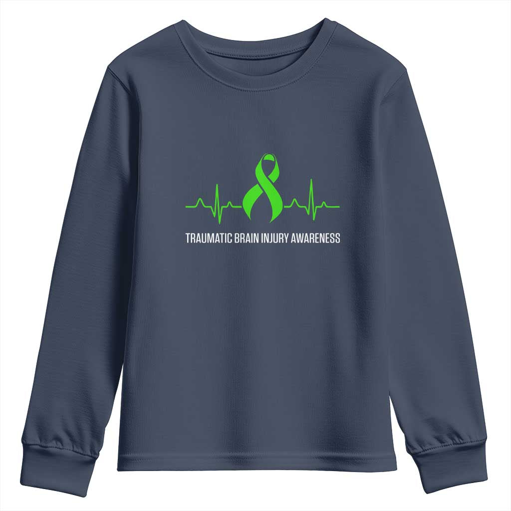 Traumatic Brain Injury Awareness Youth Sweatshirt TBI Warrior Heartbeat Green Ribbon TS02 Navy Print Your Wear