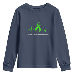 Traumatic Brain Injury Awareness Youth Sweatshirt TBI Warrior Heartbeat Green Ribbon TS02 Navy Print Your Wear