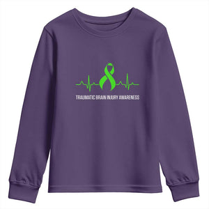 Traumatic Brain Injury Awareness Youth Sweatshirt TBI Warrior Heartbeat Green Ribbon TS02 Purple Print Your Wear