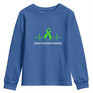 Traumatic Brain Injury Awareness Youth Sweatshirt TBI Warrior Heartbeat Green Ribbon TS02 Royal Blue Print Your Wear