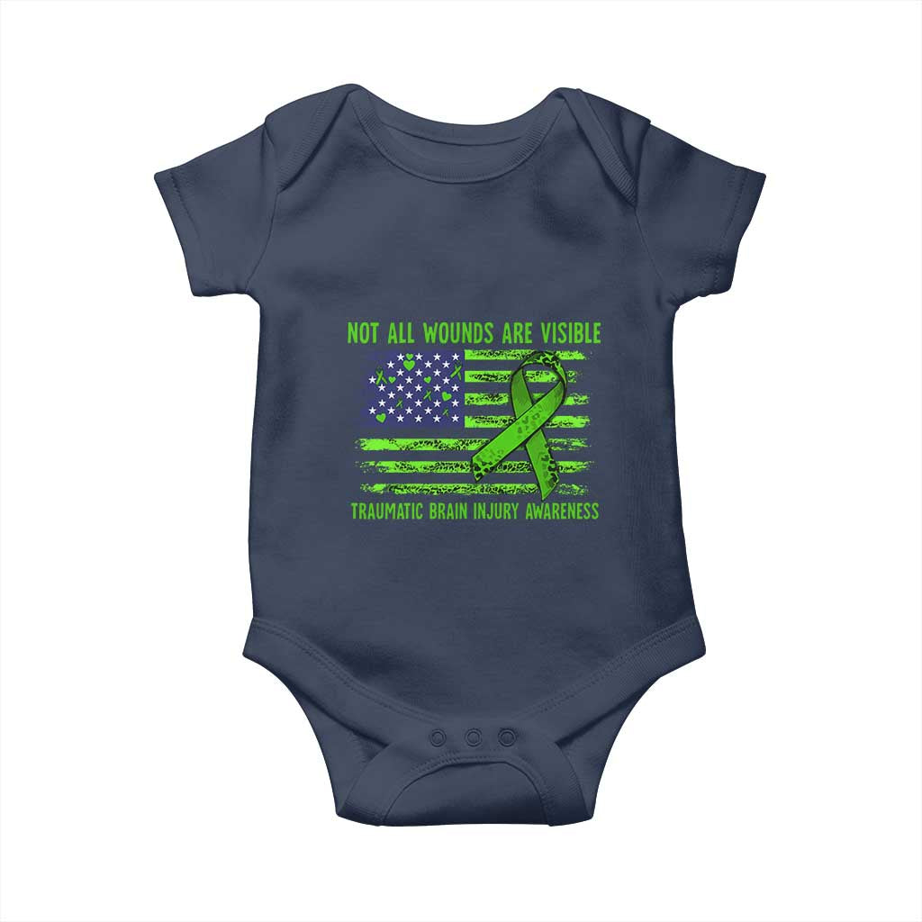 Traumatic Brain Injury Awareness Baby Onesie Not All Wounds Are Visible TBI Warrior American Flag TS02 Navy Print Your Wear