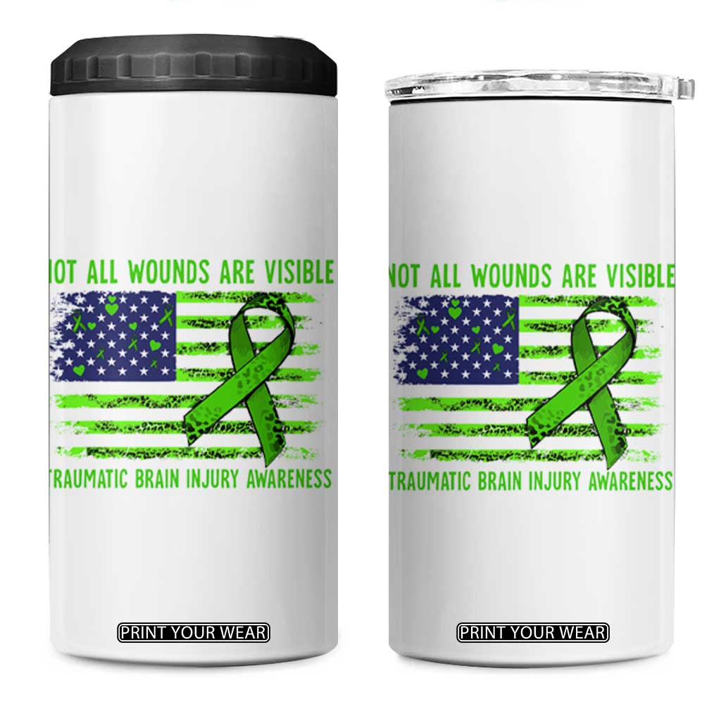 Traumatic Brain Injury Awareness 4 in 1 Can Cooler Tumbler Not All Wounds Are Visible TBI Warrior American Flag TS02 One Size: 16 oz White Print Your Wear