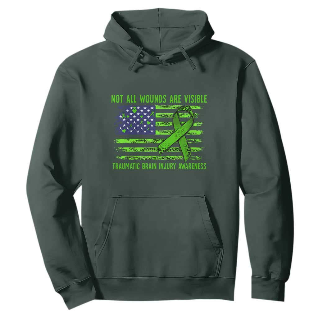 Traumatic Brain Injury Awareness Hoodie Not All Wounds Are Visible TBI Warrior American Flag TS02 Dark Forest Green Print Your Wear