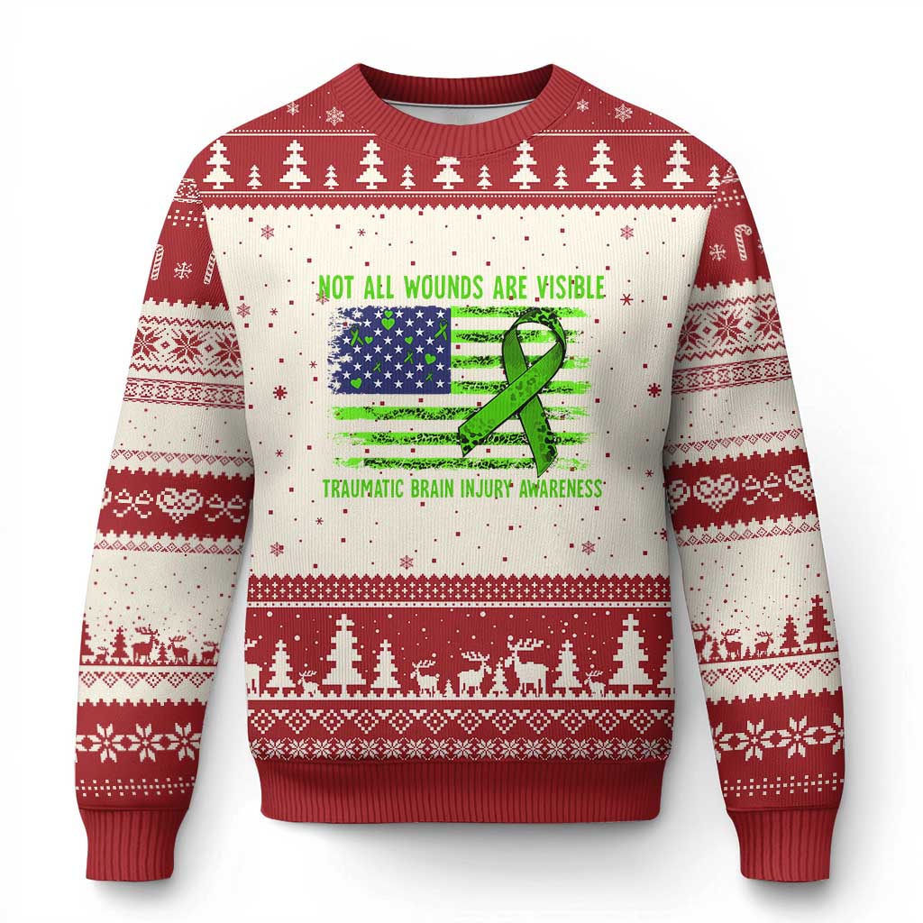 Traumatic Brain Injury Awareness Ugly Christmas Sweater Not All Wounds Are Visible TBI Warrior American Flag TS02 Beige Red Print Your Wear