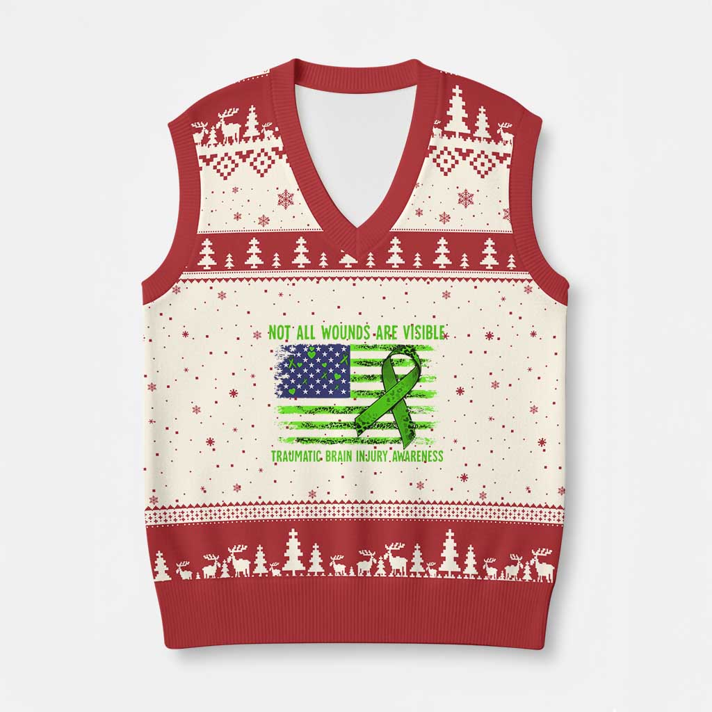 Traumatic Brain Injury Awareness V-Neck Knit Sweater Vest Not All Wounds Are Visible TBI Warrior American Flag TS02 Beige Red Print Your Wear