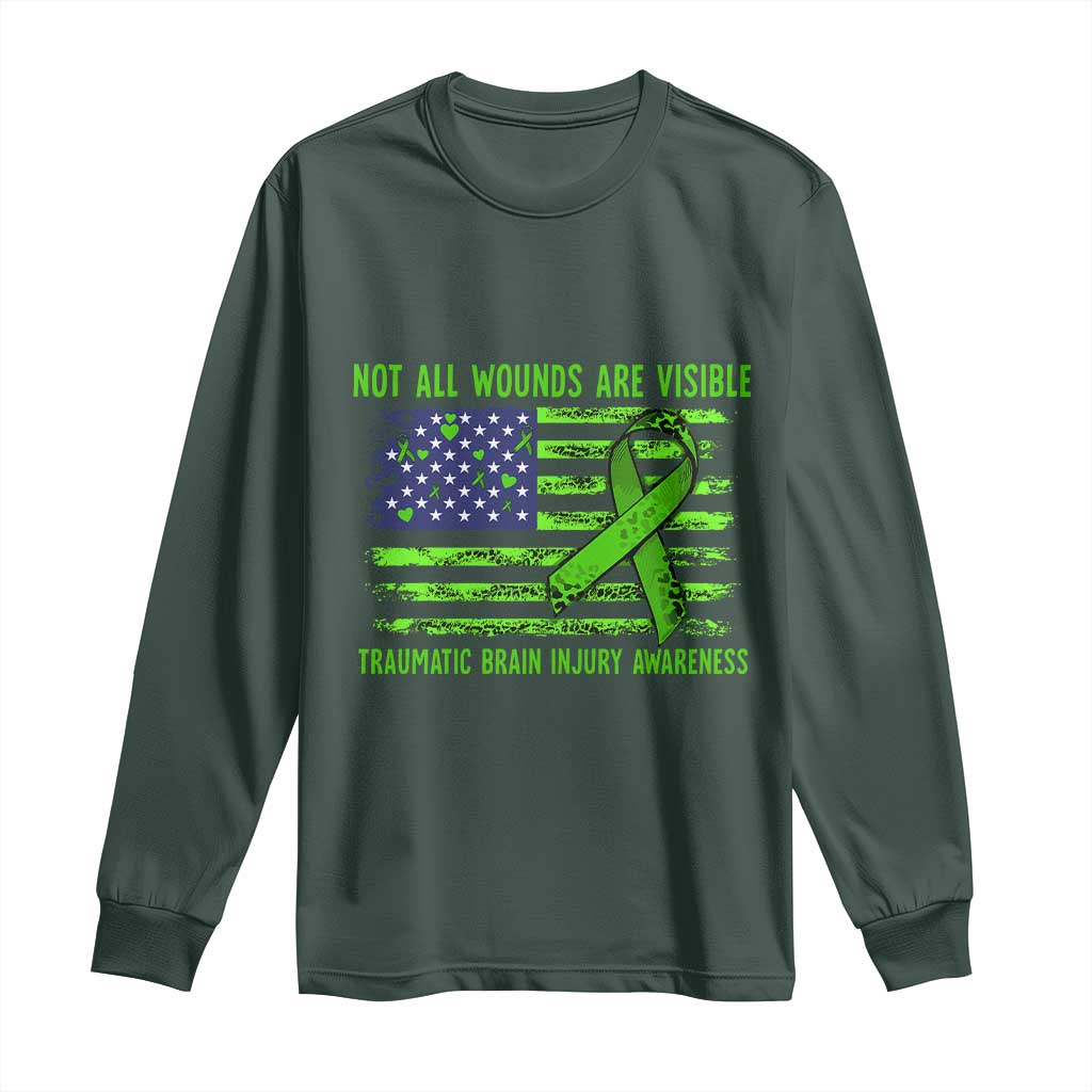 Traumatic Brain Injury Awareness Long Sleeve Shirt Not All Wounds Are Visible TBI Warrior American Flag TS02 Dark Forest Green Print Your Wear