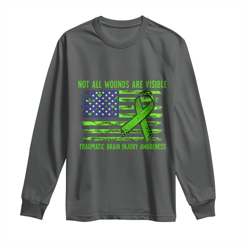 Traumatic Brain Injury Awareness Long Sleeve Shirt Not All Wounds Are Visible TBI Warrior American Flag TS02 Dark Heather Print Your Wear