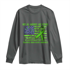 Traumatic Brain Injury Awareness Long Sleeve Shirt Not All Wounds Are Visible TBI Warrior American Flag TS02 Dark Heather Print Your Wear