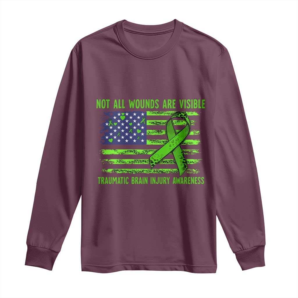 Traumatic Brain Injury Awareness Long Sleeve Shirt Not All Wounds Are Visible TBI Warrior American Flag TS02 Maroon Print Your Wear