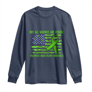 Traumatic Brain Injury Awareness Long Sleeve Shirt Not All Wounds Are Visible TBI Warrior American Flag TS02 Navy Print Your Wear
