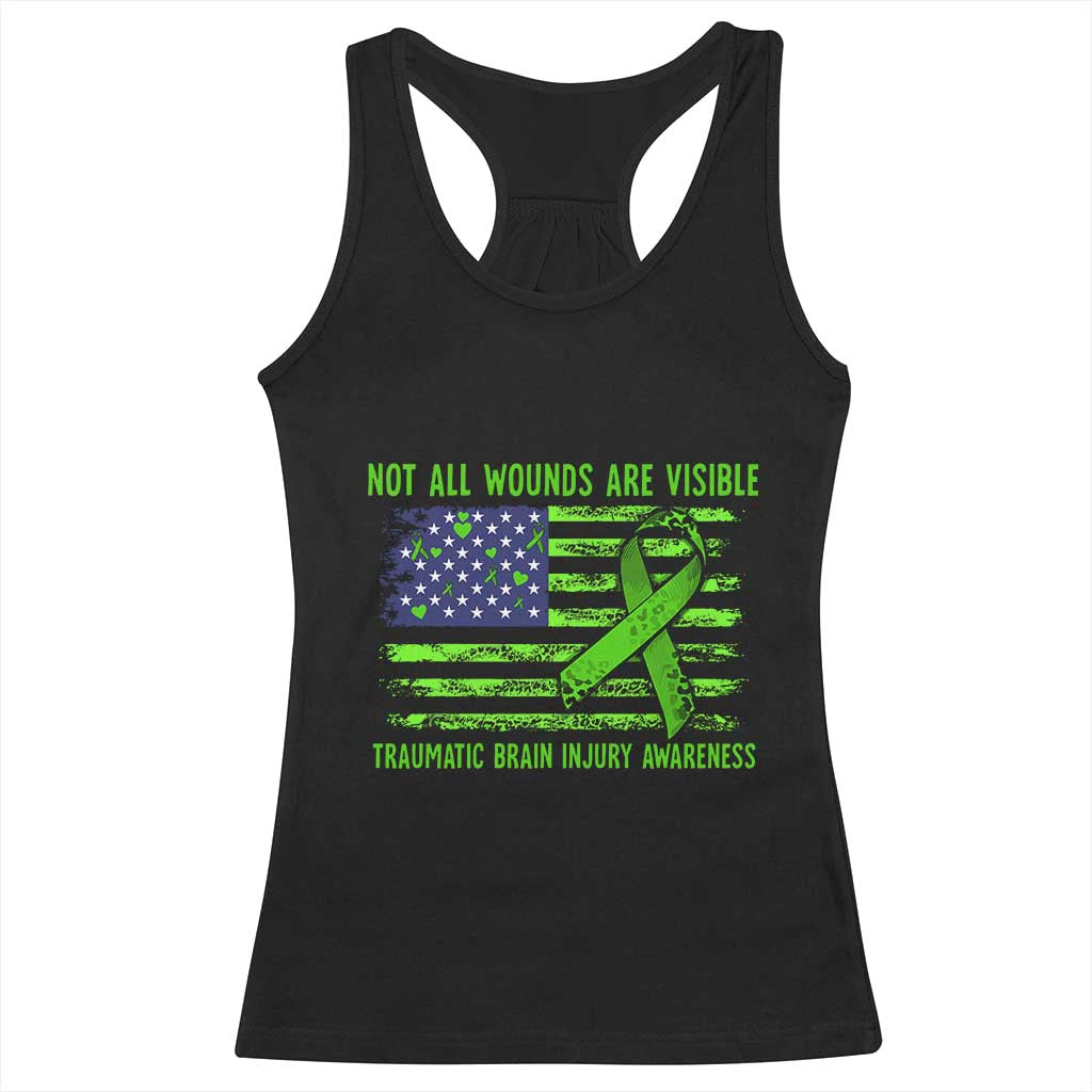 Traumatic Brain Injury Awareness Racerback Tank Top Not All Wounds Are Visible TBI Warrior American Flag TS02 Black Print Your Wear