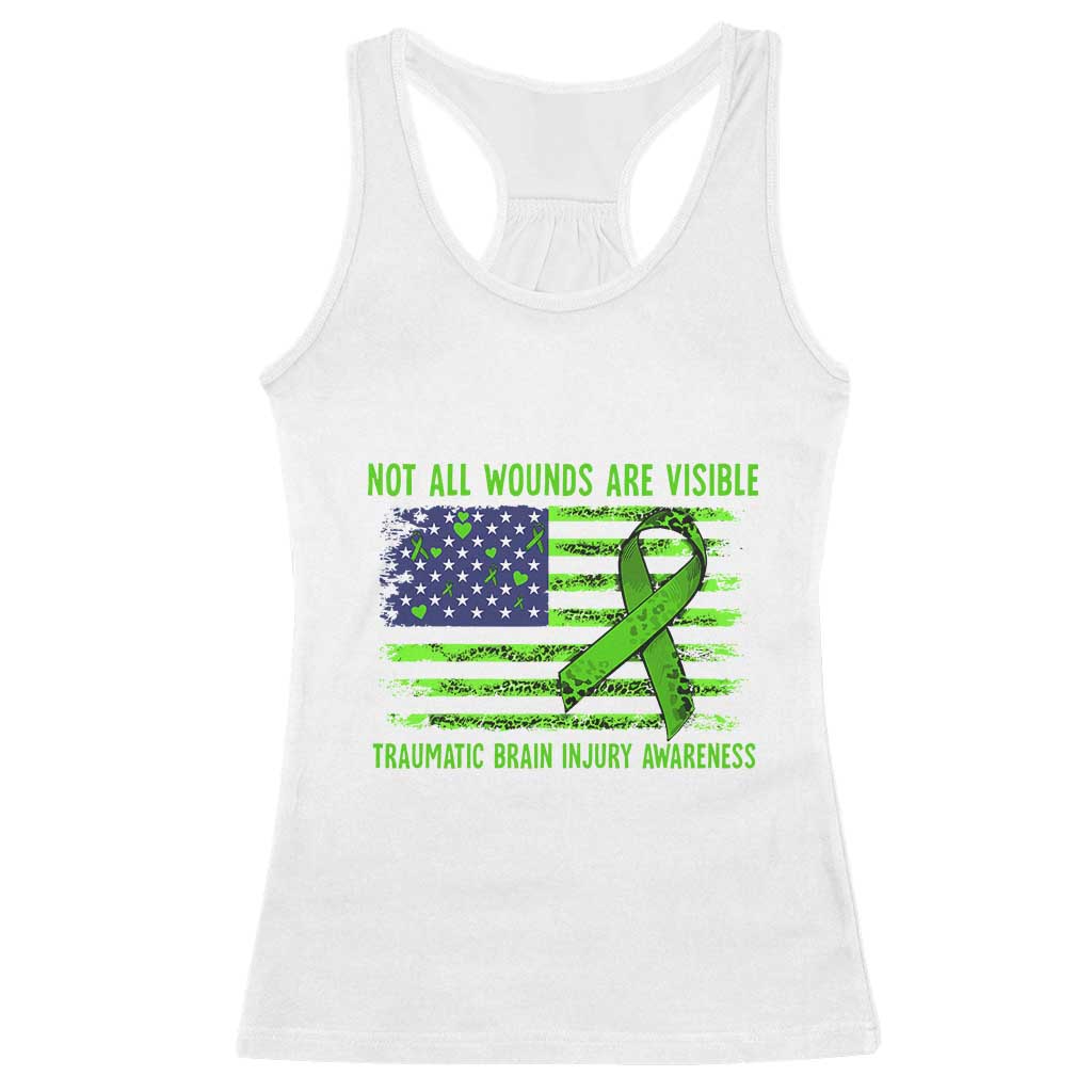 Traumatic Brain Injury Awareness Racerback Tank Top Not All Wounds Are Visible TBI Warrior American Flag TS02 White Print Your Wear