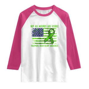 Traumatic Brain Injury Awareness Raglan Shirt Not All Wounds Are Visible TBI Warrior American Flag TS02 White Heliconia Print Your Wear