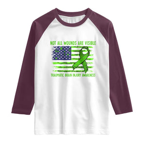 Traumatic Brain Injury Awareness Raglan Shirt Not All Wounds Are Visible TBI Warrior American Flag TS02 White Maroon Print Your Wear