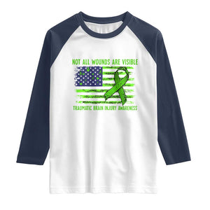 Traumatic Brain Injury Awareness Raglan Shirt Not All Wounds Are Visible TBI Warrior American Flag TS02 White Navy Print Your Wear