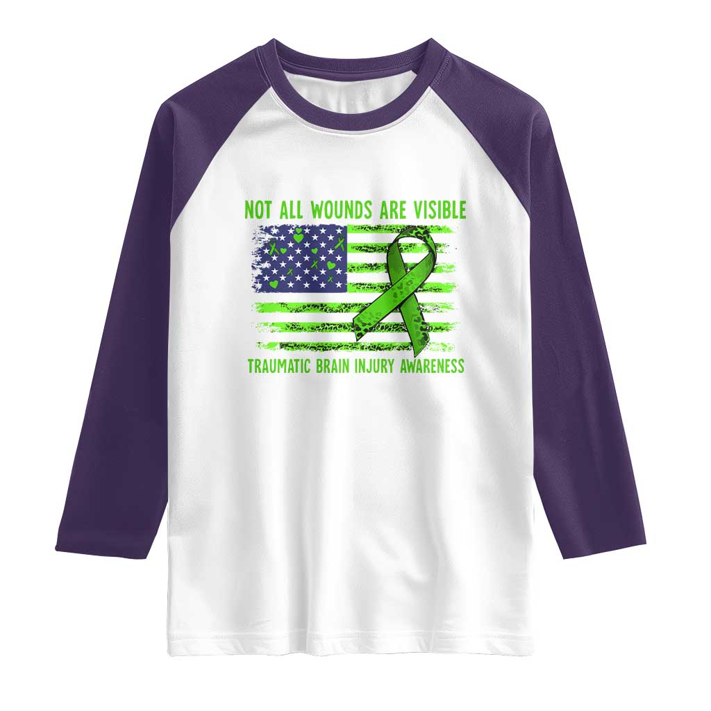 Traumatic Brain Injury Awareness Raglan Shirt Not All Wounds Are Visible TBI Warrior American Flag TS02 White Purple Print Your Wear