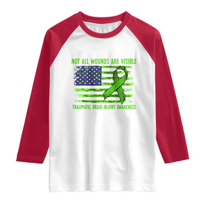 Traumatic Brain Injury Awareness Raglan Shirt Not All Wounds Are Visible TBI Warrior American Flag TS02 White Red Print Your Wear